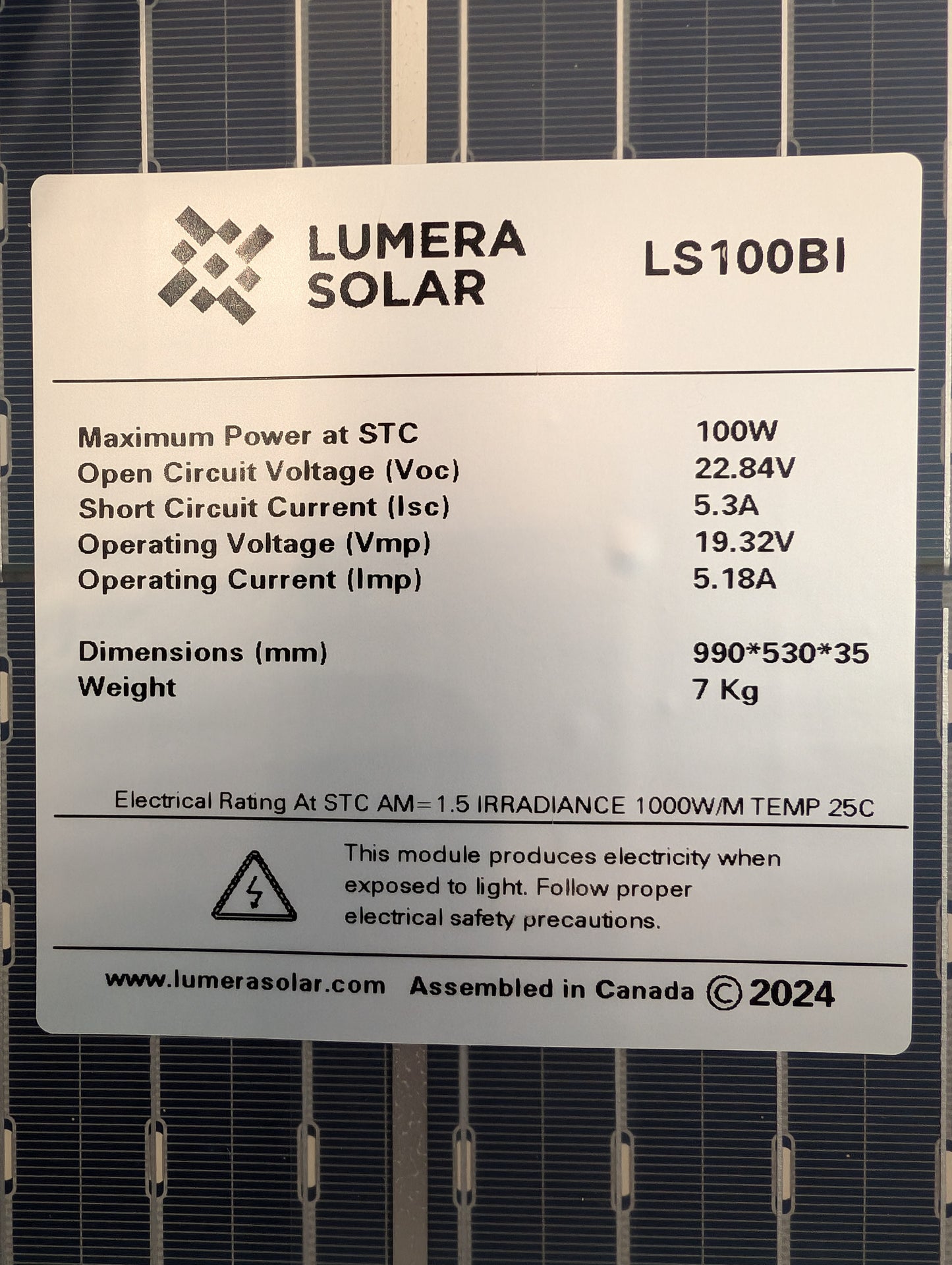 100 Watt Bifacial Solar Panel, Lumera Brand