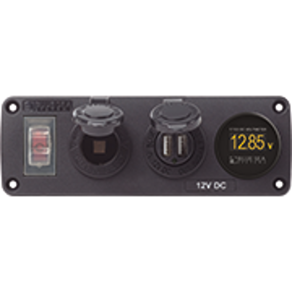 Water-Resistant Accessory Panel - Circuit Breaker, 12V Socket, Dual USB Charger, Mini Voltmeter - Blue Sea