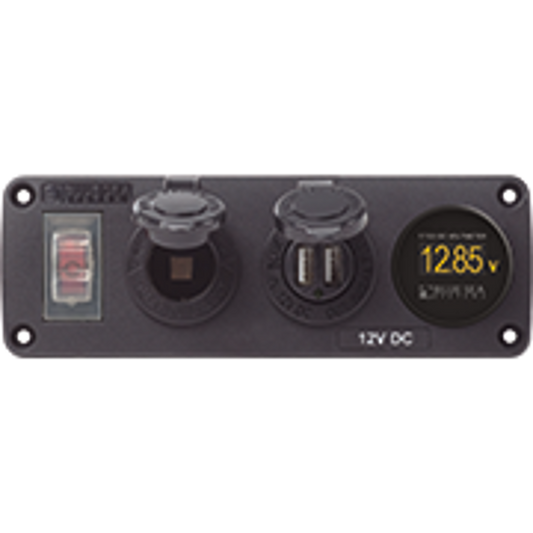 Water-Resistant Accessory Panel - Circuit Breaker, 12V Socket, Dual USB Charger, Mini Voltmeter - Blue Sea