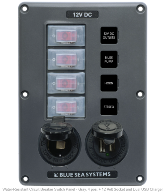Switch Panel, Water resistant, 4 Position + 12V + Dual USB, Grey - Blue Sea