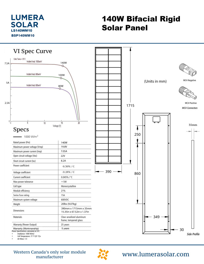 Lumera Solar 140W “Long & Skinny” BiFacial 12V Solar Panel | Canadian Made