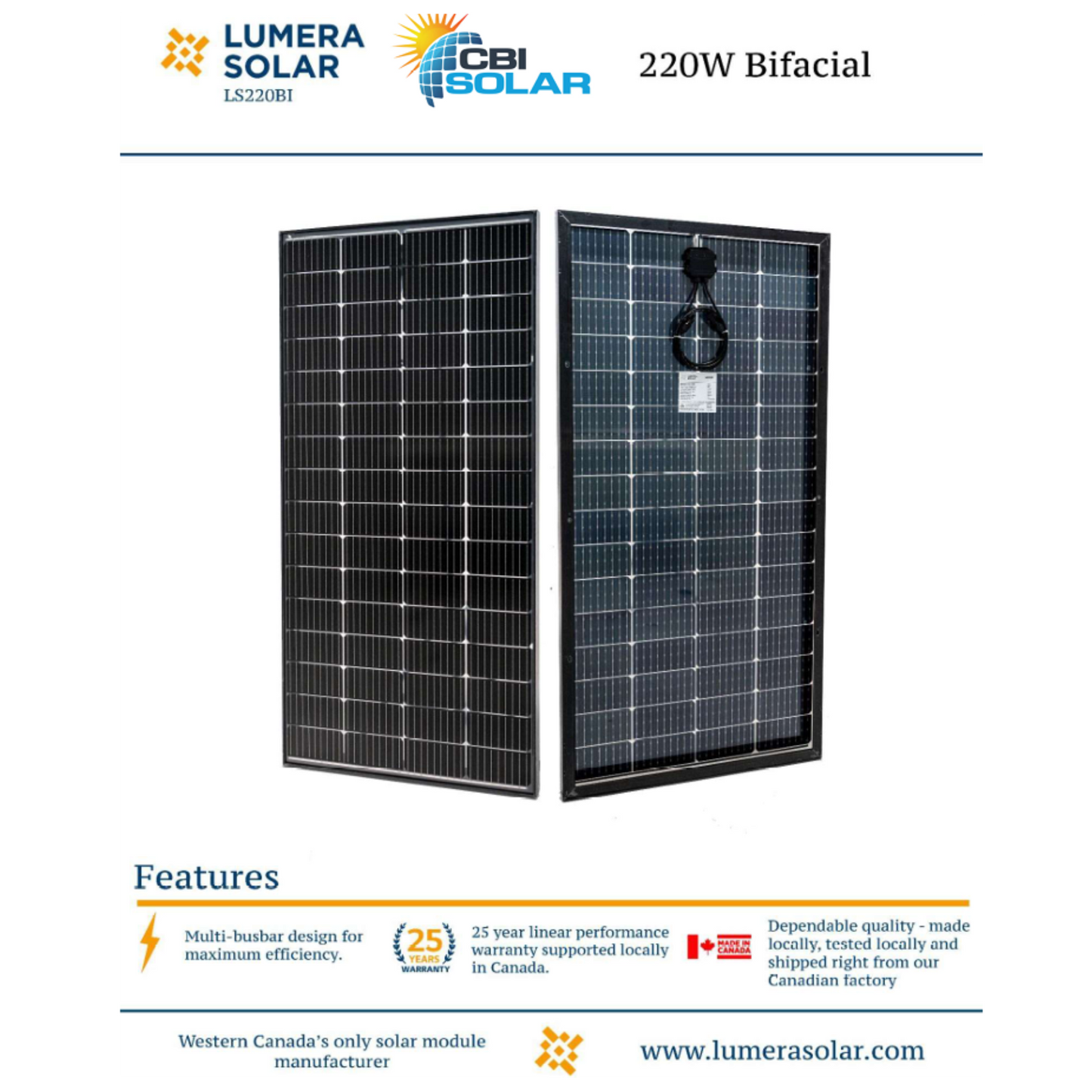 220 Watt Bifacial Solar Panel, Lumera Brand