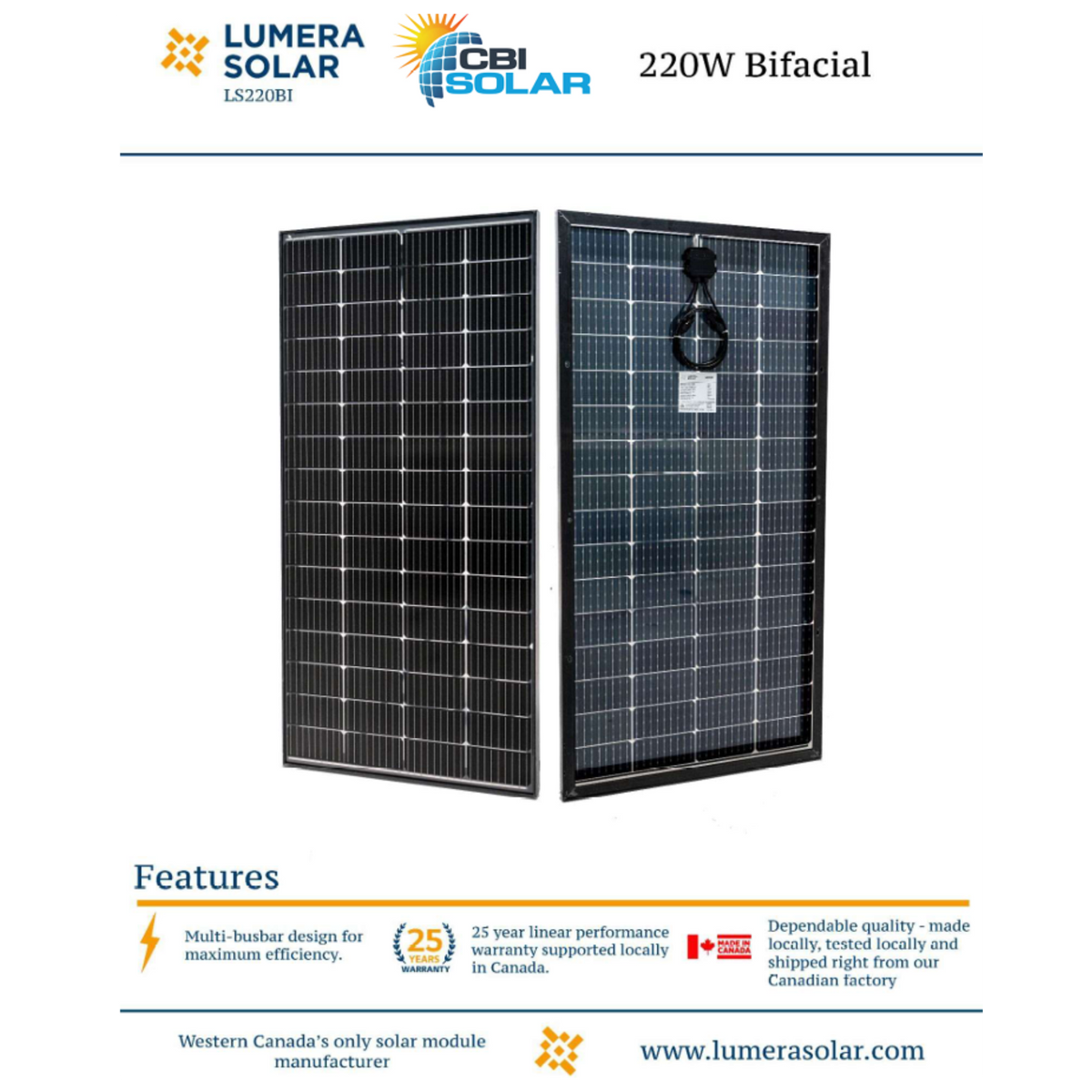 Lumera 220W BiFacial 12V M6 Solar Panel | Canadian Made