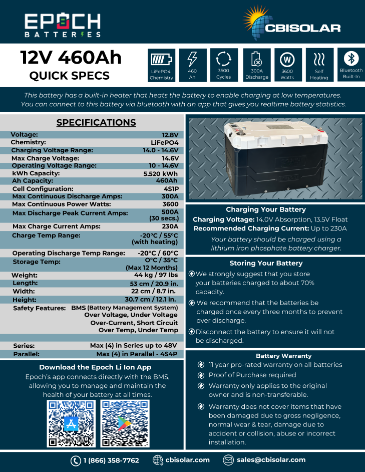 460 Ah 12 Volt Heated, Bluetooth, Victron Comms, Lithium Battery, Epoch