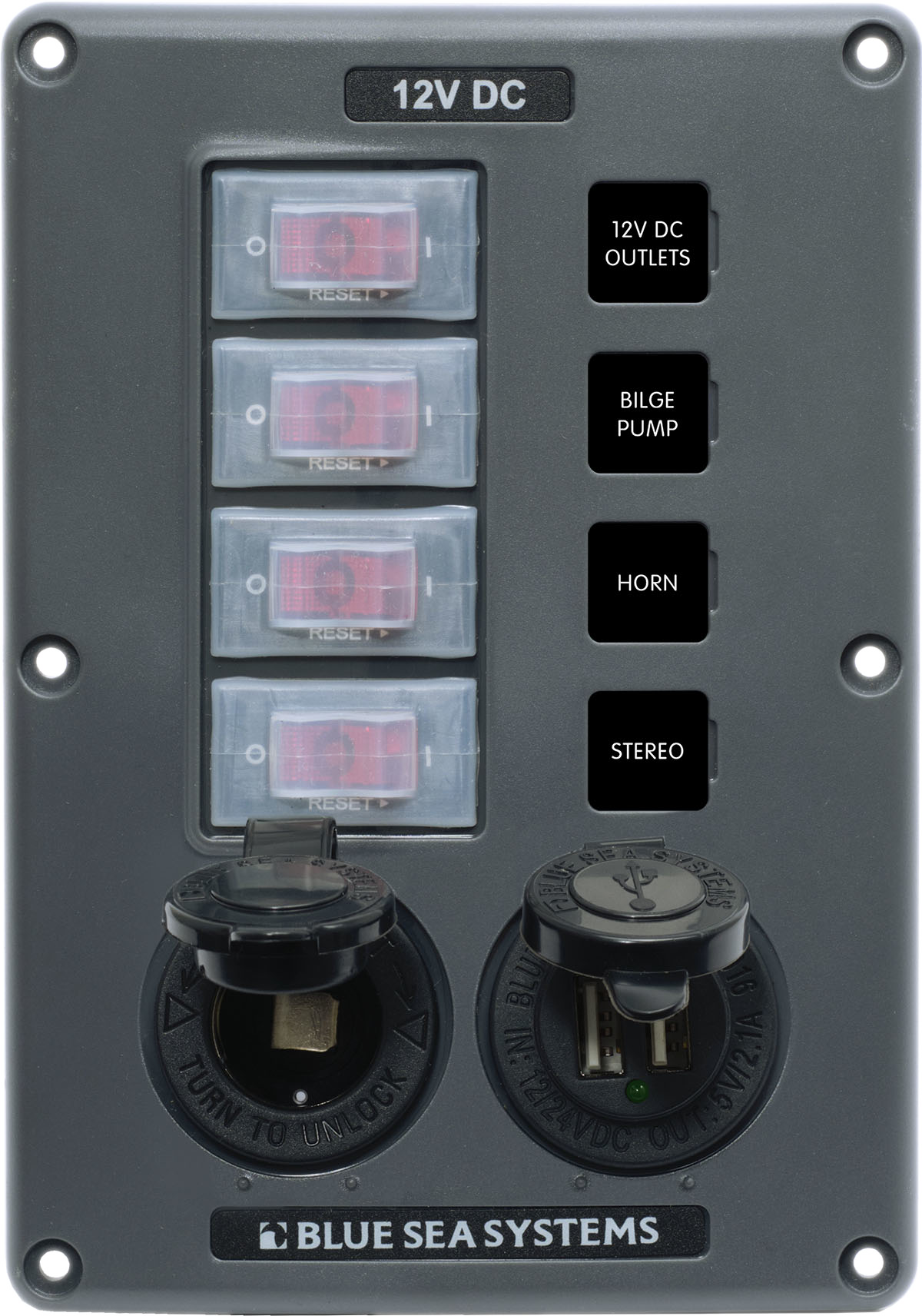 Switch Panel, Water resistant, 4 Position + 12V + Dual USB, Grey - Blue Sea
