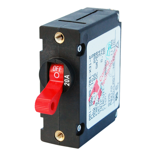 AC/DC Single Pole Red Toggle Circuit Breaker - 20A 32VDC to 240VAC