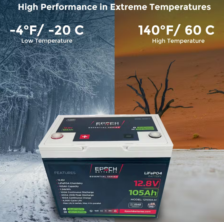 105 Ah 12 Volt Heated, Bluetooth Lithium Battery, Epoch