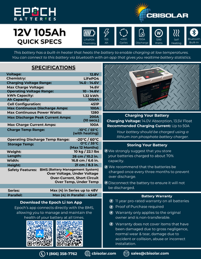 105 Ah 12 Volt Heated, Bluetooth Lithium Battery, Epoch