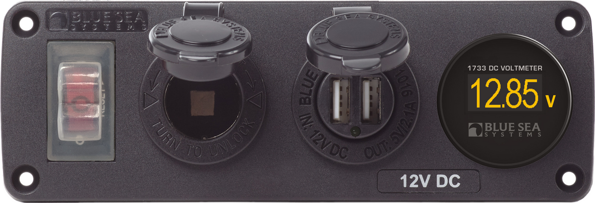 Water-Resistant Accessory Panel - Circuit Breaker, 12V Socket, Dual USB Charger, Mini Voltmeter - Blue Sea