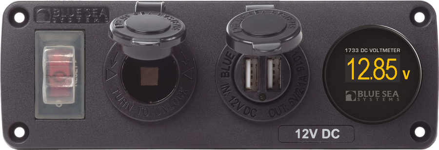 Water-Resistant Accessory Panel - Circuit Breaker, 12V Socket, Dual USB Charger, Mini Voltmeter - Blue Sea