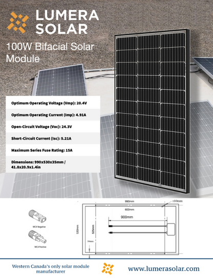 100 Watt Bifacial Solar Panel, Lumera Brand