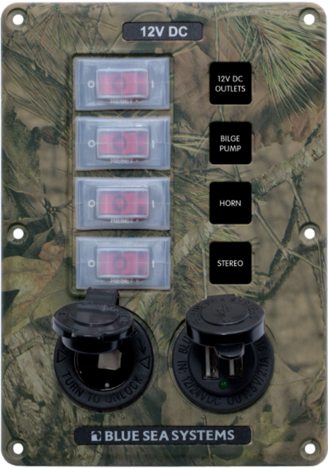 Switch Panel, Water resistant, 4 Posistion + 12V + Dual USB,Camo -  Blue Sea