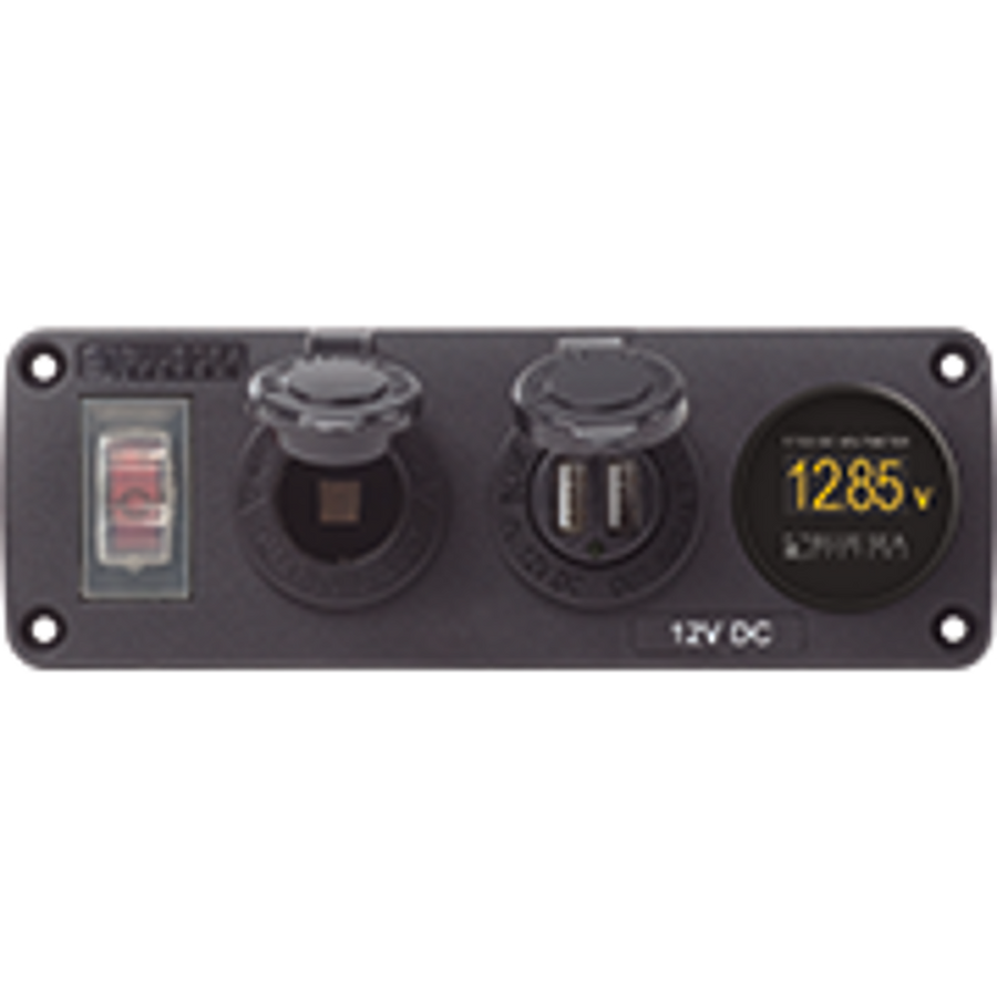 Water-Resistant Accessory Panel - Circuit Breaker, 12V Socket, Dual USB Charger, Mini Voltmeter - Blue Sea